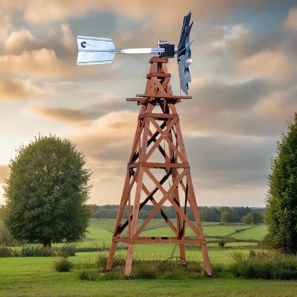 Rustic wooden windmill on a green field under a cloudy sunset sky.