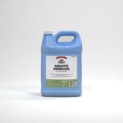 Blue container of aquatic herbicide on a white background