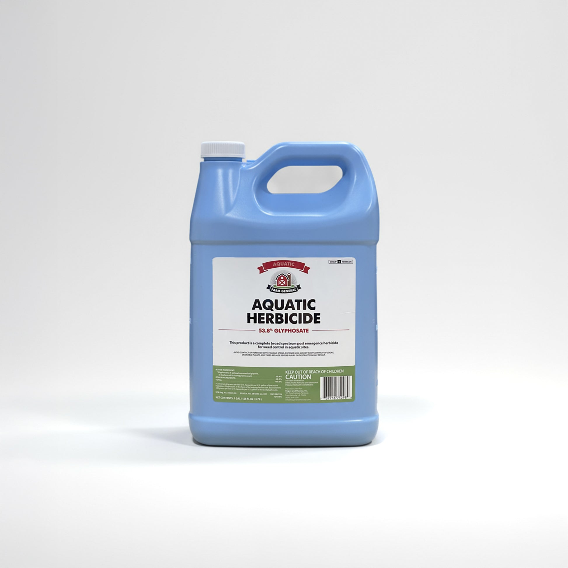Blue container of aquatic herbicide on a white background