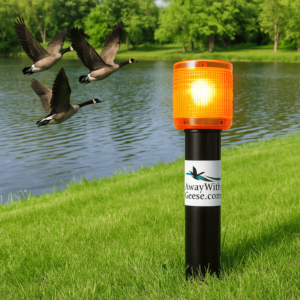 Away With Geese solar powered goose control device using amber light to deter Canada geese.