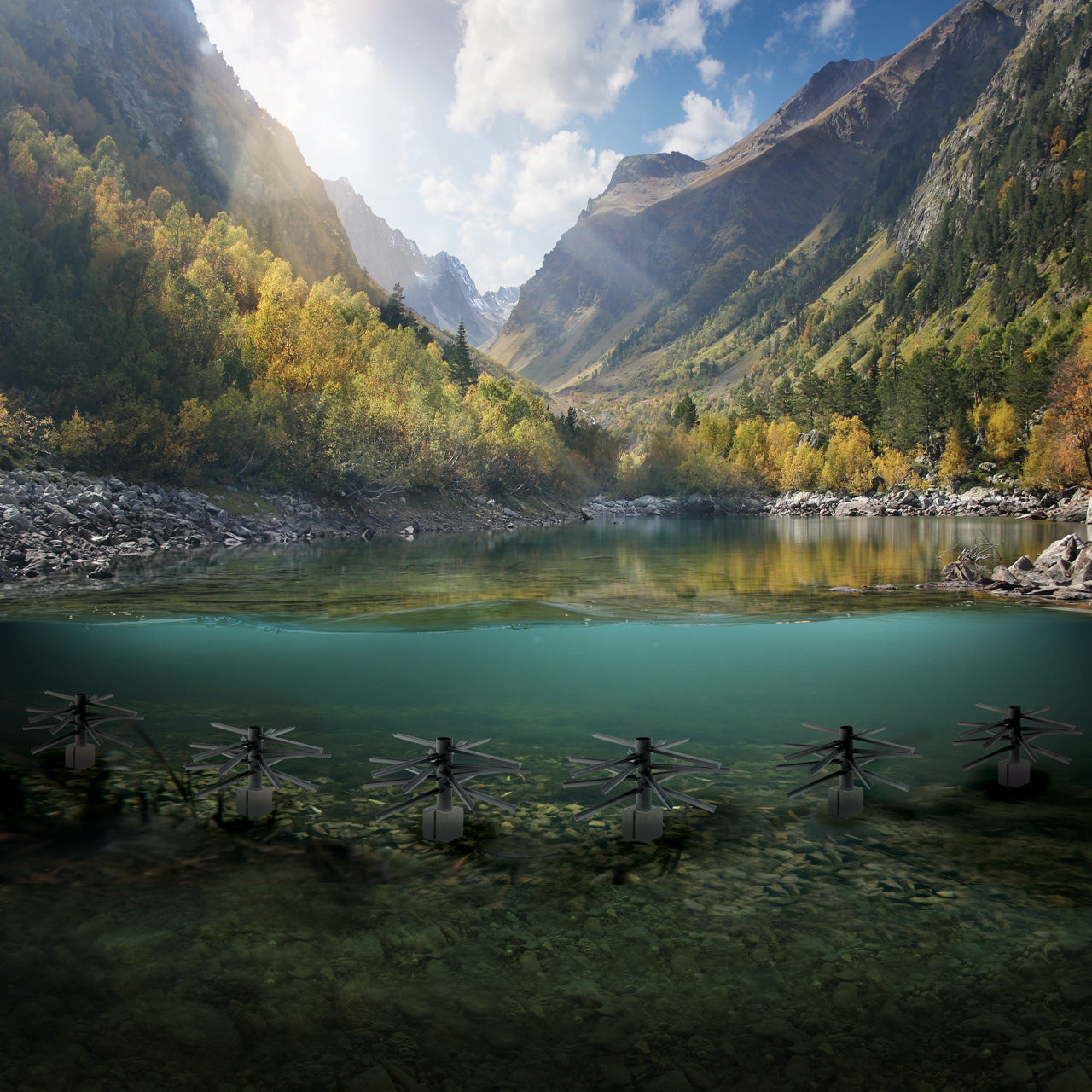 Basic Bait Fish Habitat installed in 3–5 ft water depth, providing dense shallow-water cover for bait fish and fry to support a healthier pond fishery.