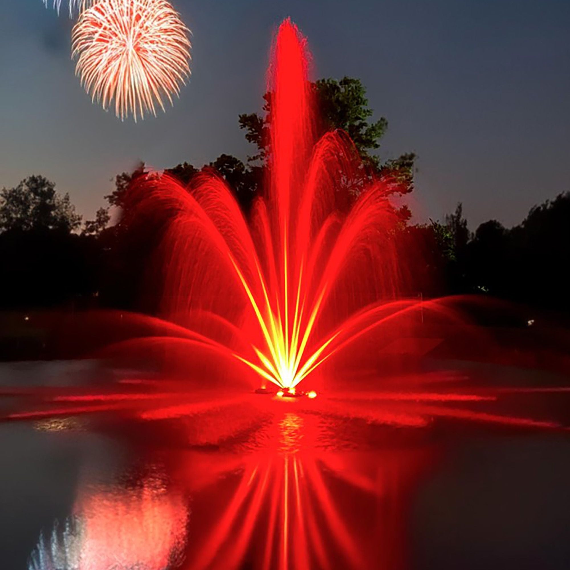 Classic floating pond fountain with wide fan, vertical plume, and multi-tier spray patterns for residential and commercial ponds