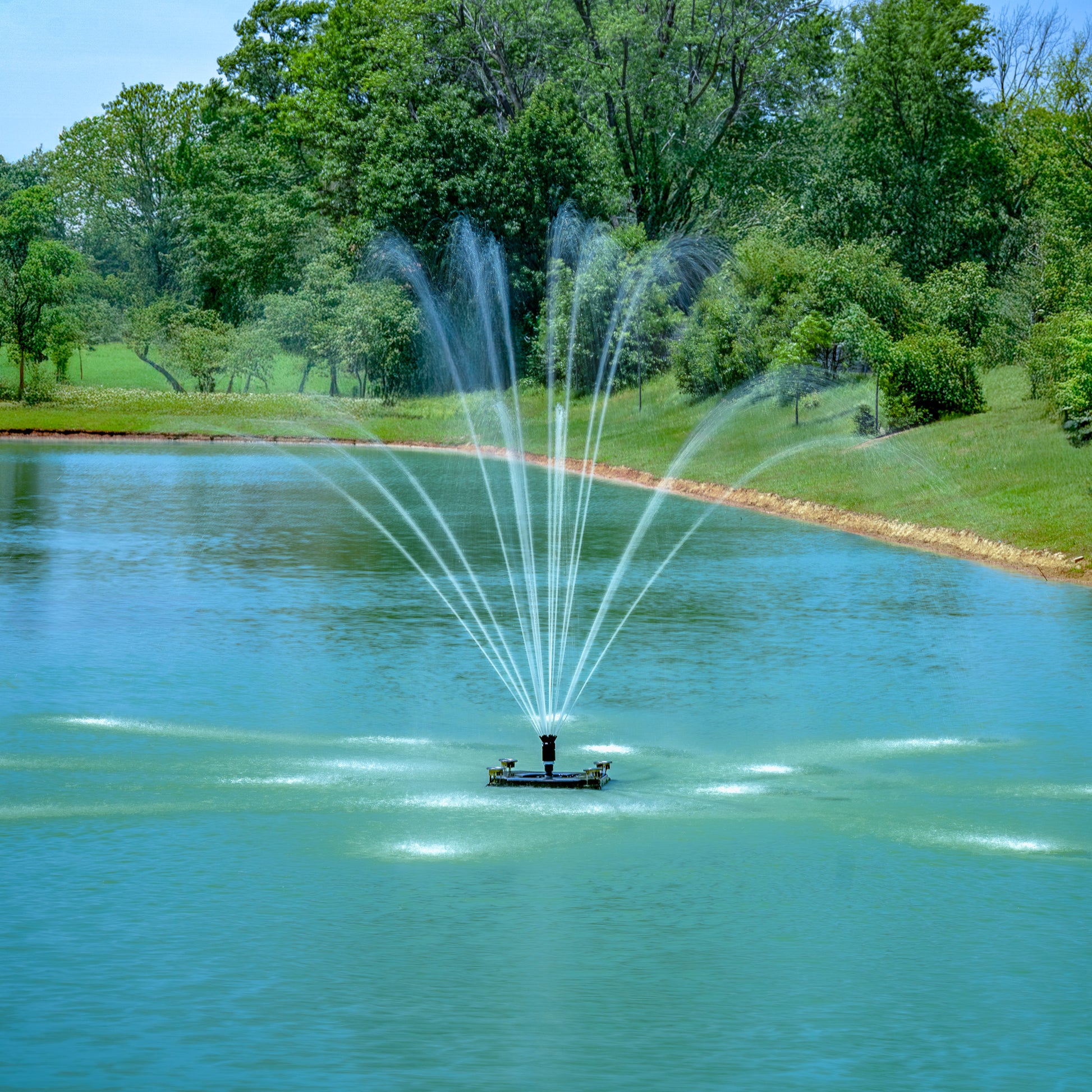 Classic floating pond fountain with wide fan, vertical plume, and multi-tier spray patterns for residential and commercial ponds