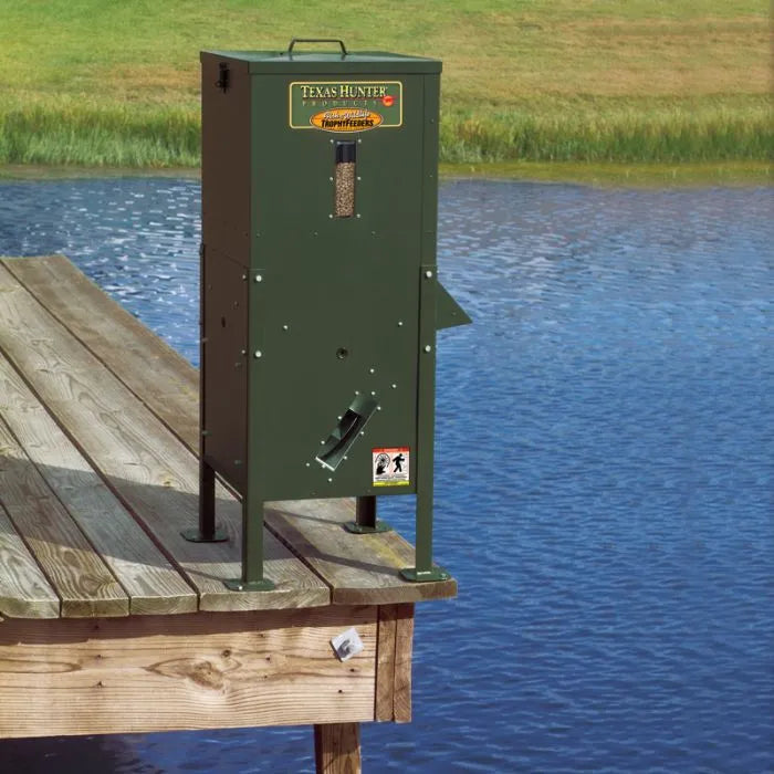 Electric Fish Feeder For Pond by Texas Hunter with automatic programmable feeding and clog-free performance.
