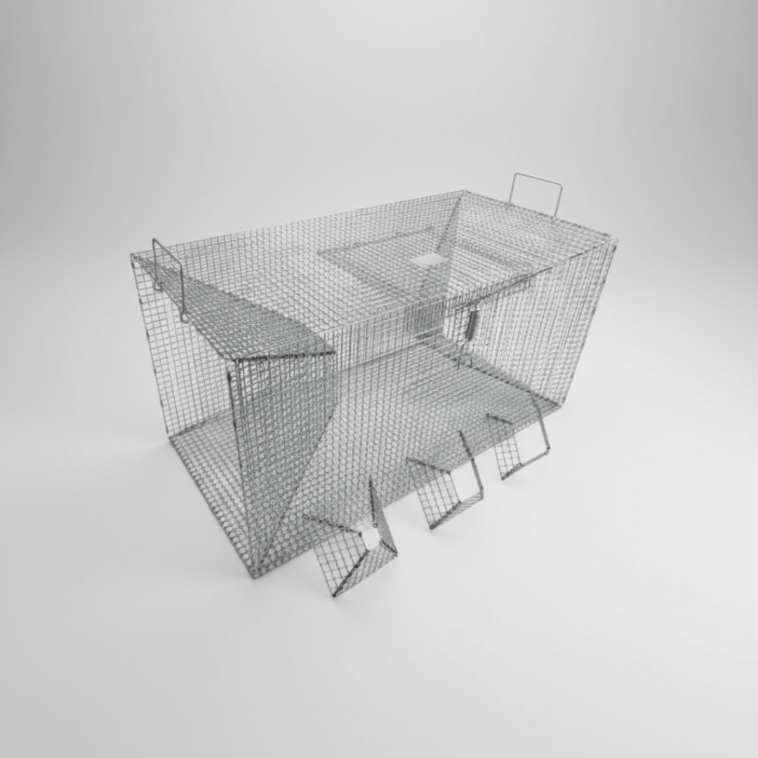 Commercial-grade metal cage fish trap with multi-funnel design for efficient aquatic harvesting.