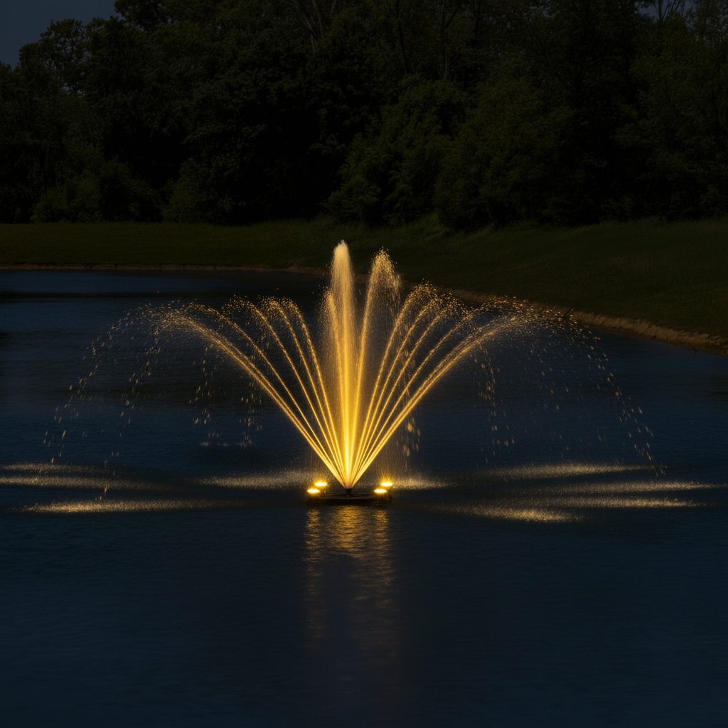 Floating Pond Display Fountain – Palatial 1/2 HP with elegant multi-pattern spray, stable 36-inch float, and stainless steel submersible motor for ponds up to 1/2 acre