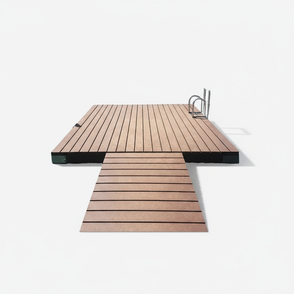 Floating Pond Dock 10'x10' Swim Platform with durable polyethylene floats for ponds and lakefront use.