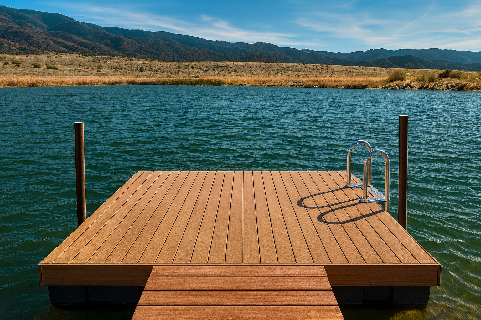 Floating Pond Dock 10'x10' Swim Platform with durable polyethylene floats for ponds and lakefront use.