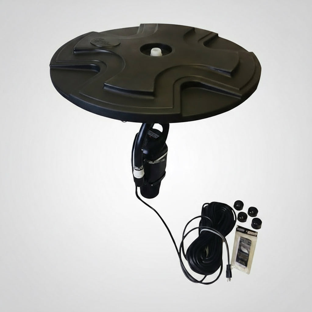 Floating Pond Fountain 1/2 HP Eco Line with interchangeable spray patterns, energy-efficient motor, and optional RGB lighting.