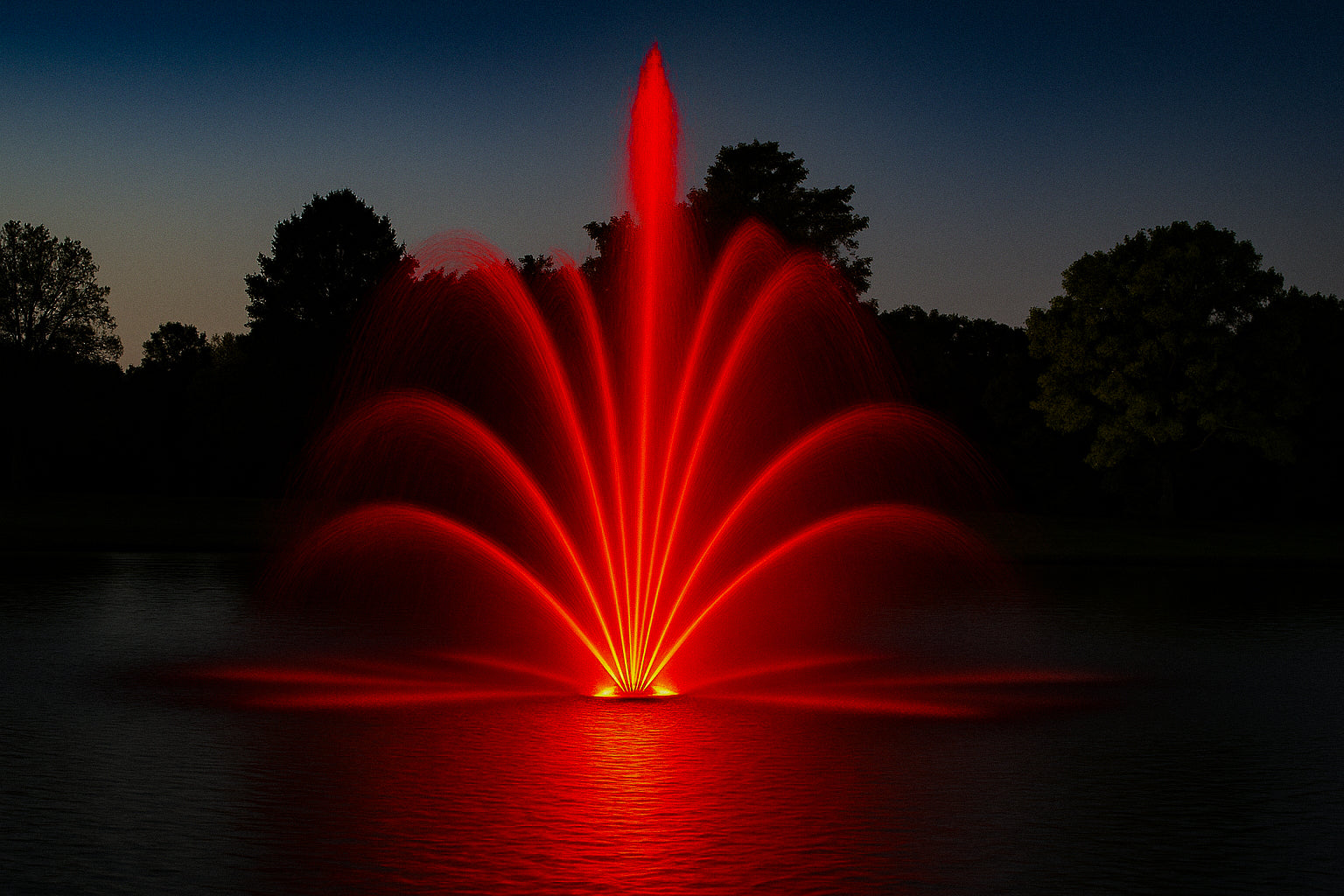 Floating Pond Fountain Light Kit with RGB LED lights illuminating a pond fountain at night.