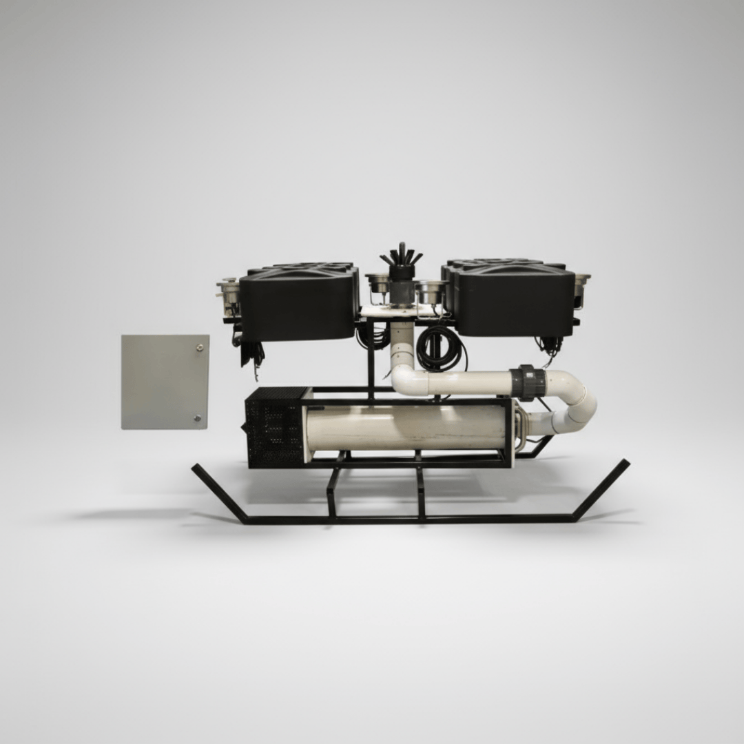 Floating Pond Fountain by OzarkJet with a 35-foot spray, 5HP–7.5HP motor, stainless steel frame, and optional LED lighting.