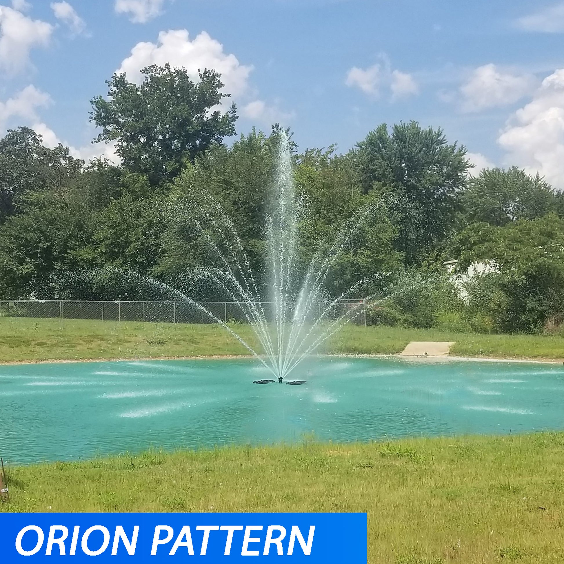 Floating Pond Fountain by OzarkJet with a 35-foot spray, 5HP–7.5HP motor, stainless steel frame, and optional LED lighting.