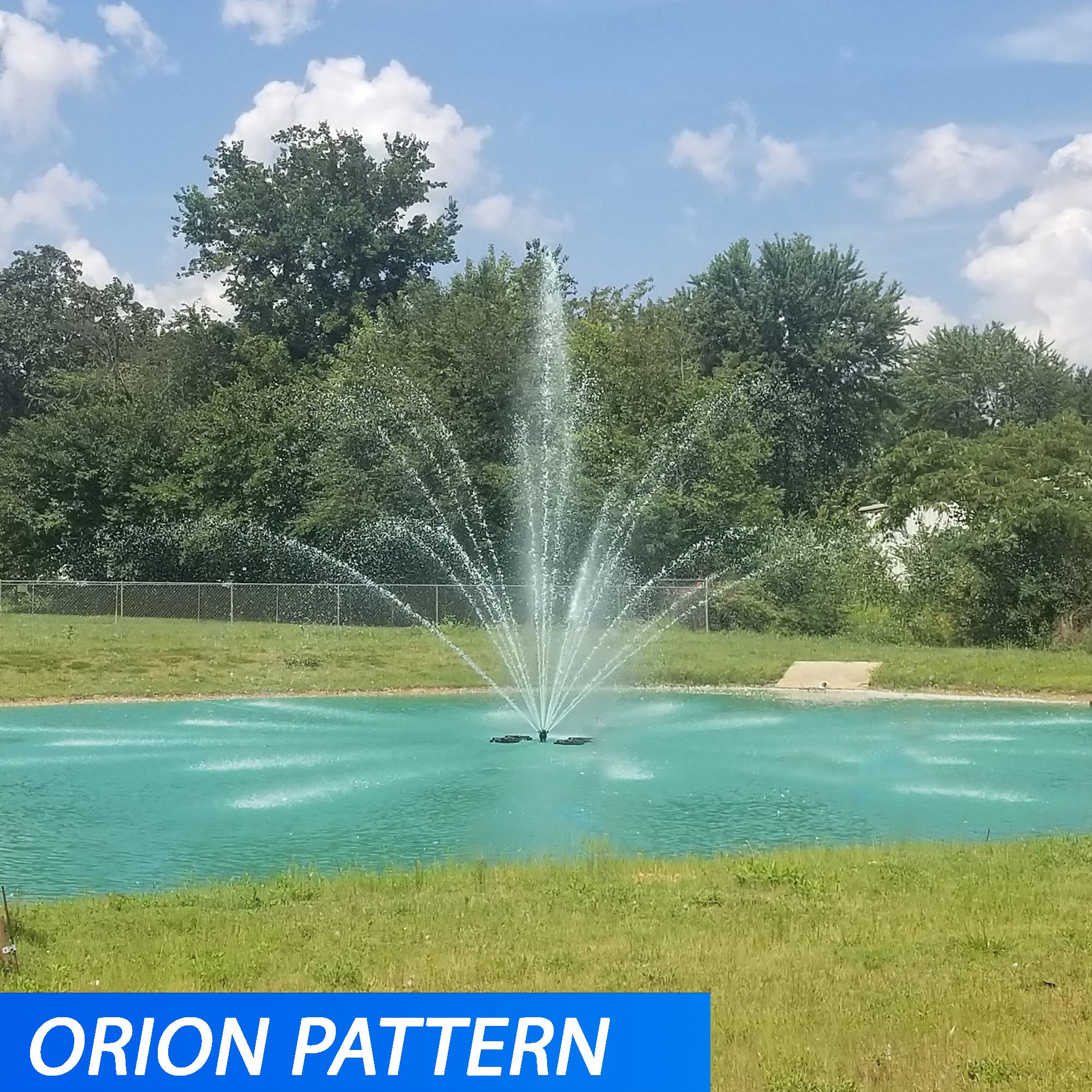 Floating Pond Fountain by OzarkJet with a 35-foot spray, 5HP–7.5HP motor, stainless steel frame, and optional LED lighting.