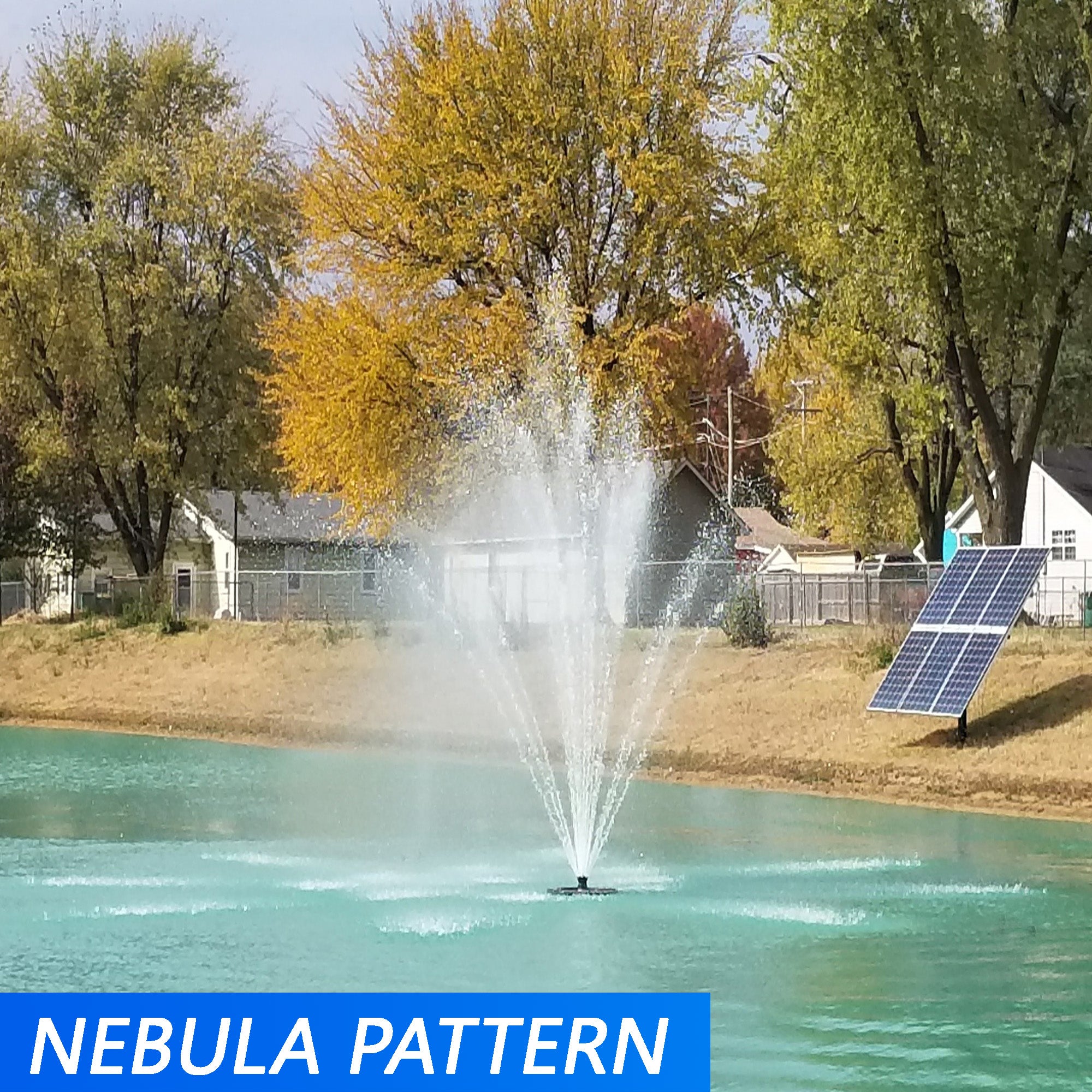 Floating Pond Fountain by OzarkJet with a 35-foot spray, 5HP–7.5HP motor, stainless steel frame, and optional LED lighting.