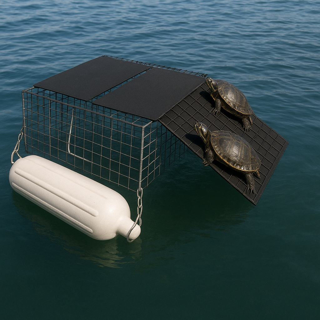 Floating Pond Turtle Trap for humane turtle control in ponds and lakes with stable floating platform and aluminum frame