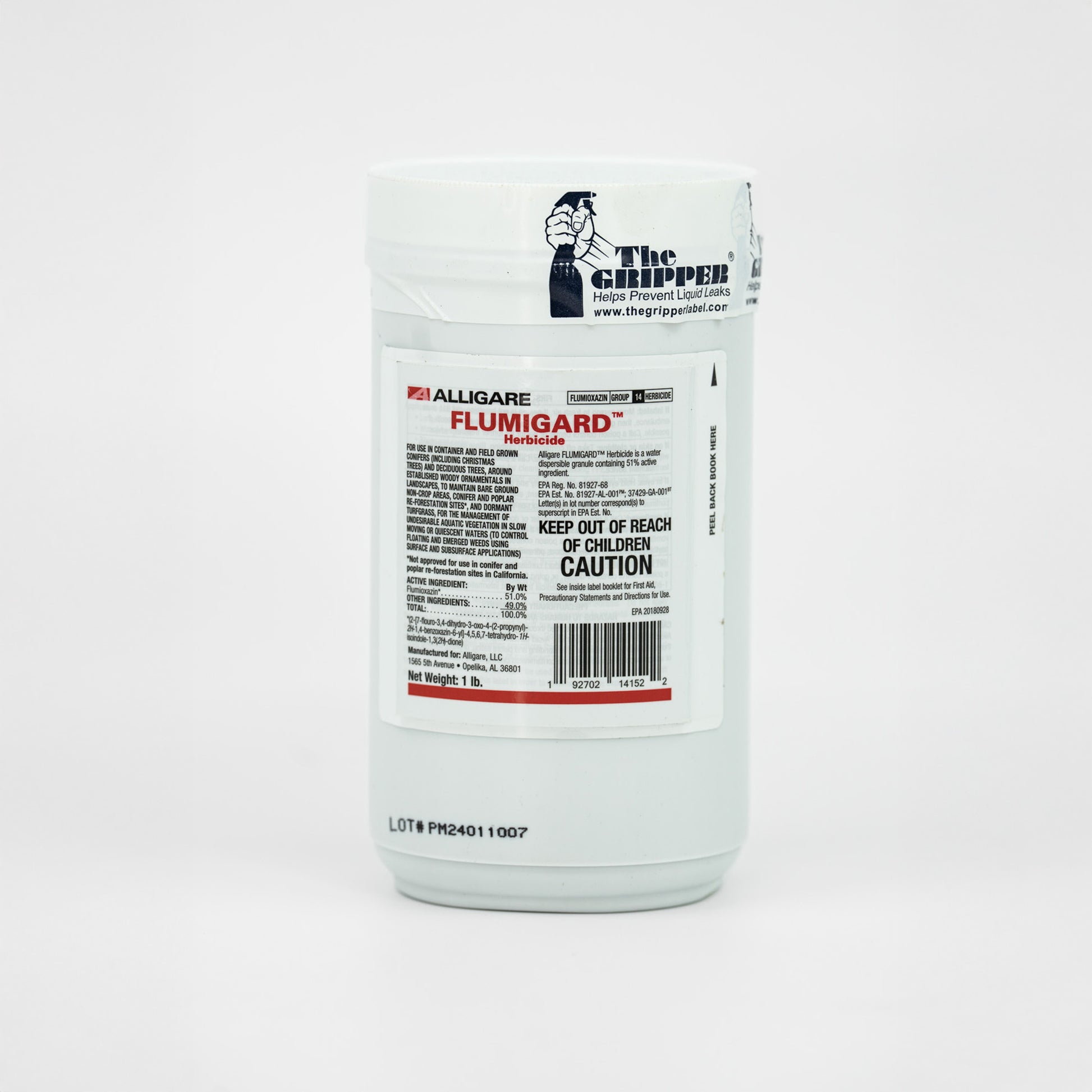 Alligare Flumigard aquatic herbicide in a 1-pound white container with product label and safety instructions.