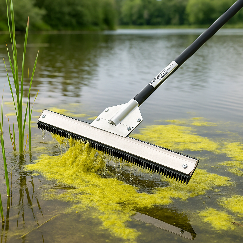 Heavy-duty pond and lake weed cutter designed to remove aquatic weeds, algae, and shoreline growth without chemicals