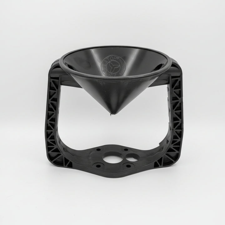 Black 3D-printed object with a funnel-like top on a white background