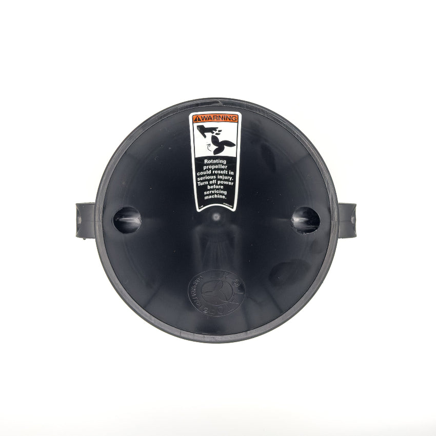 Black plastic component with a warning label on a white background