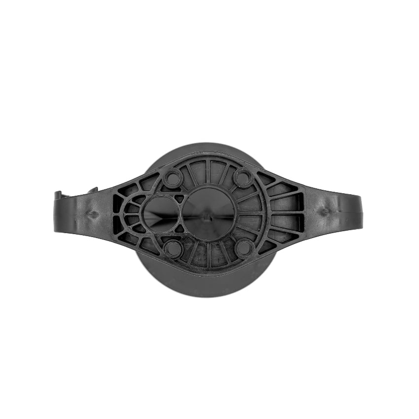 Black plastic component on a white background