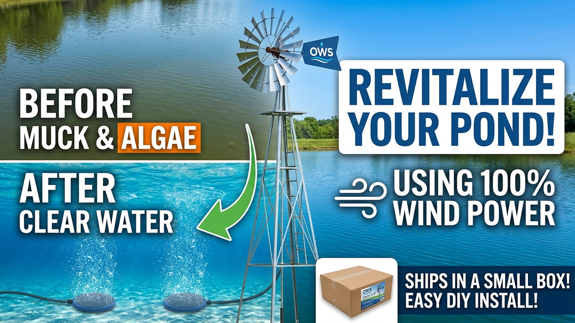 Load video: Video explaining how the company Outdoor Water Solutions and their windmill aeration system uses wind power to pump oxygen, clear pond muck, and eliminate algae with an easy DIY installation. Thumbnail reeds before (muck &amp; algae) &amp; after (clean water), revitalize your pond using 100% wind power.
