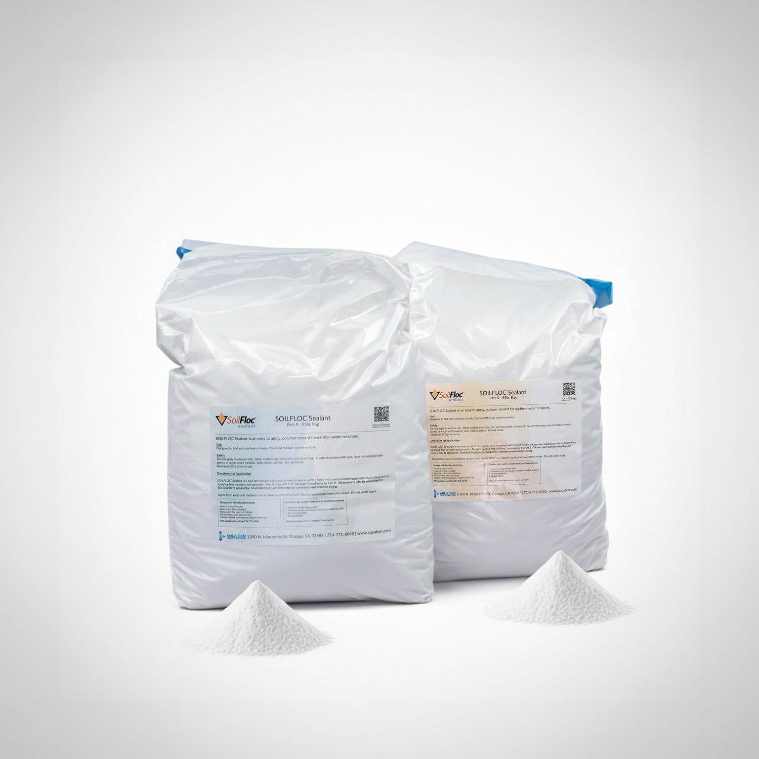 Two bags of SoilFloc Sealant polymer pond sealer used for fixing leaks in ponds, lakes, and soil basins.