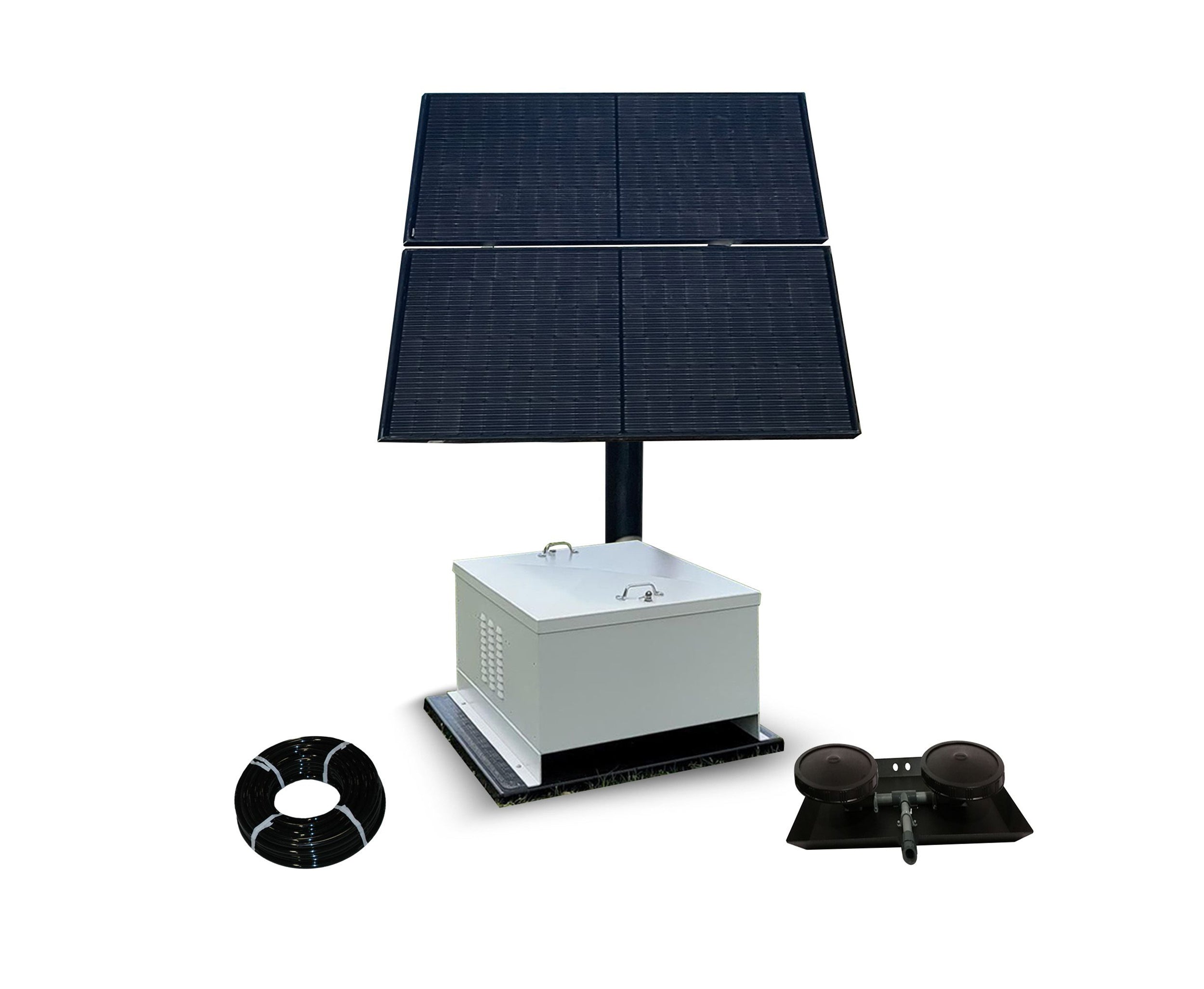 Solar pond aerator with battery backup and dual diffusers.