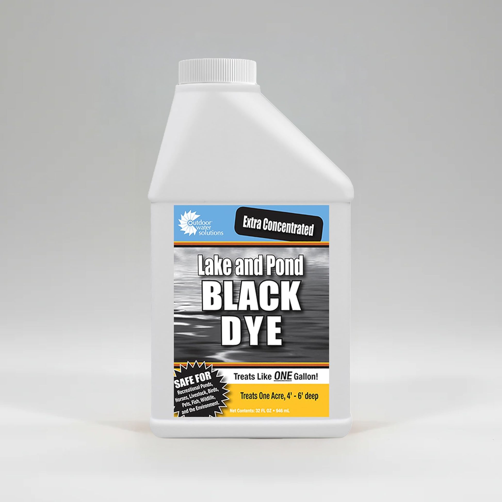 Outdoor Water Solutions extra-concentrated lake and pond black dye 32-oz bottle for enhancing water color and clarity.