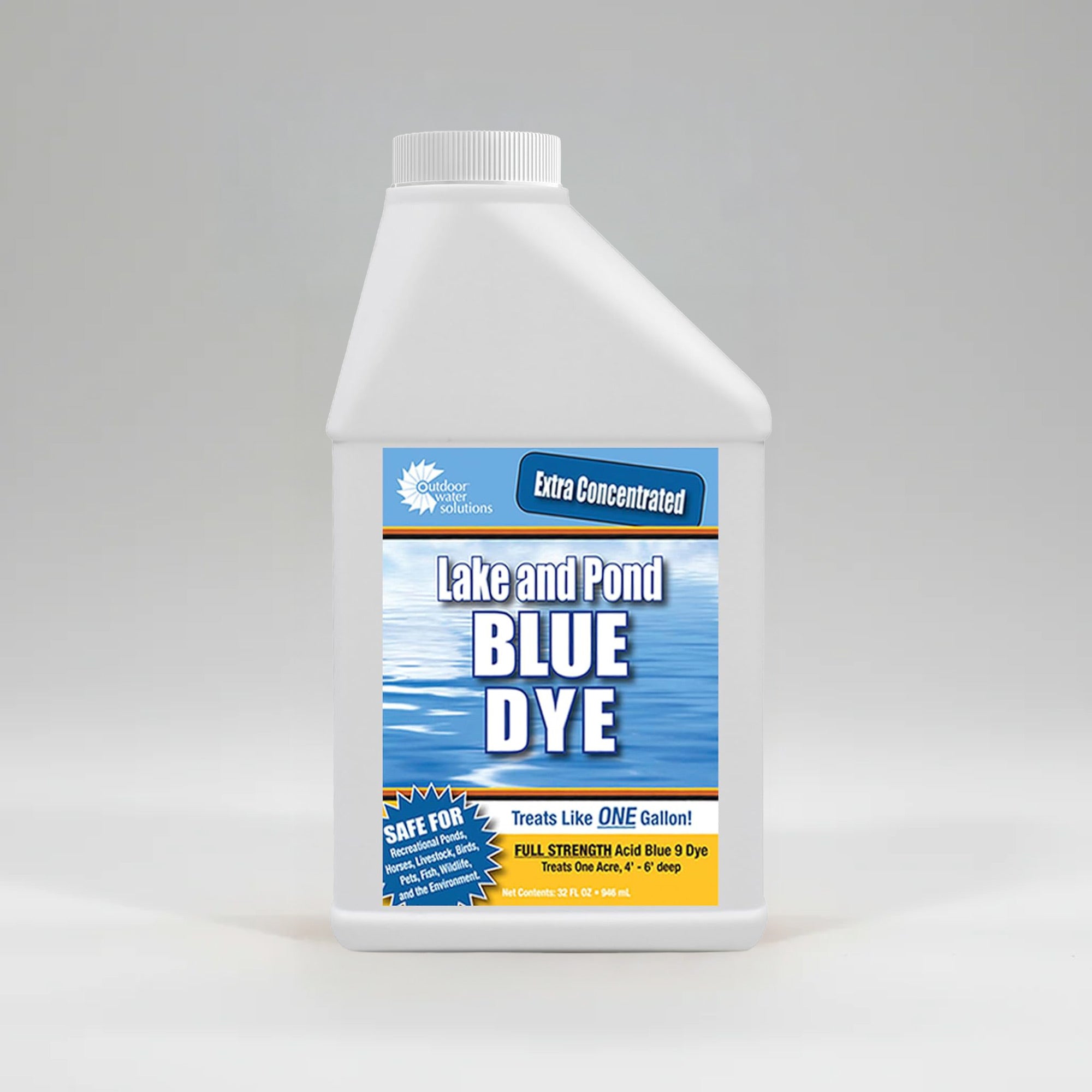 Outdoor Water Solutions extra-concentrated lake and pond light blue dye 32-oz bottle for enhancing water color and clarity.