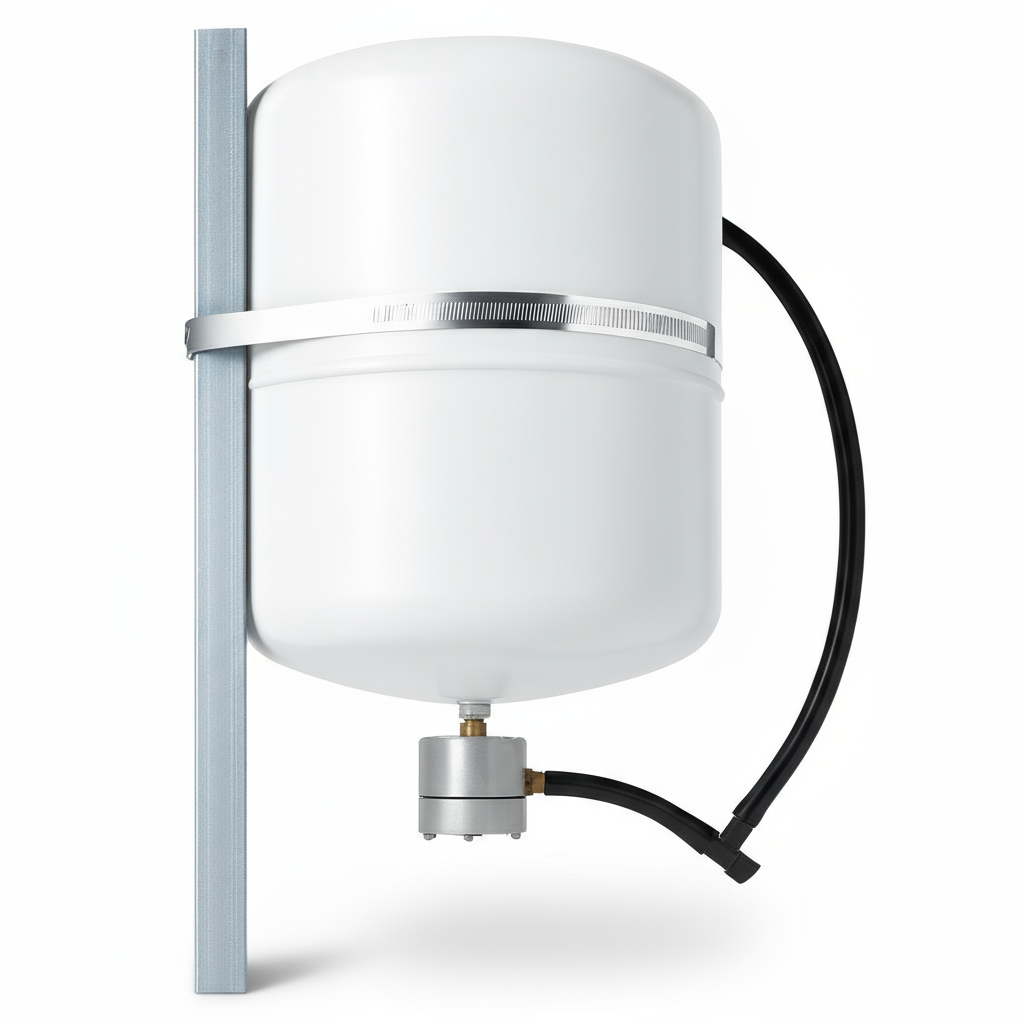 White cylindrical container for holding anti-freeze liquid for windmill aeration with black cable on a white background