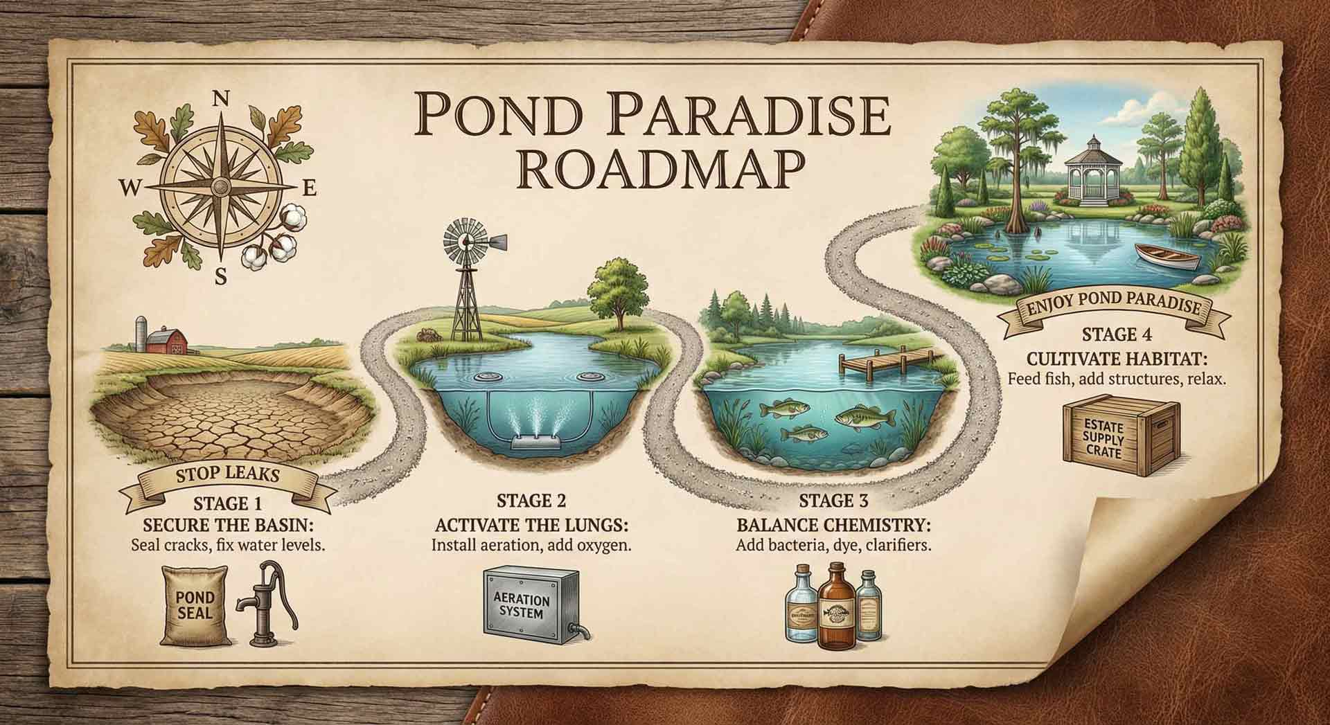 Pond Paradise Roadmap illustration on a wooden background showing the steps for creating the perfect pond 1-stop pond leaks, 2-pond aeration, 3-pond dye, bacteria, clarifier, algaecides, herbicides, 4-fish feeders, docks and pristine waters