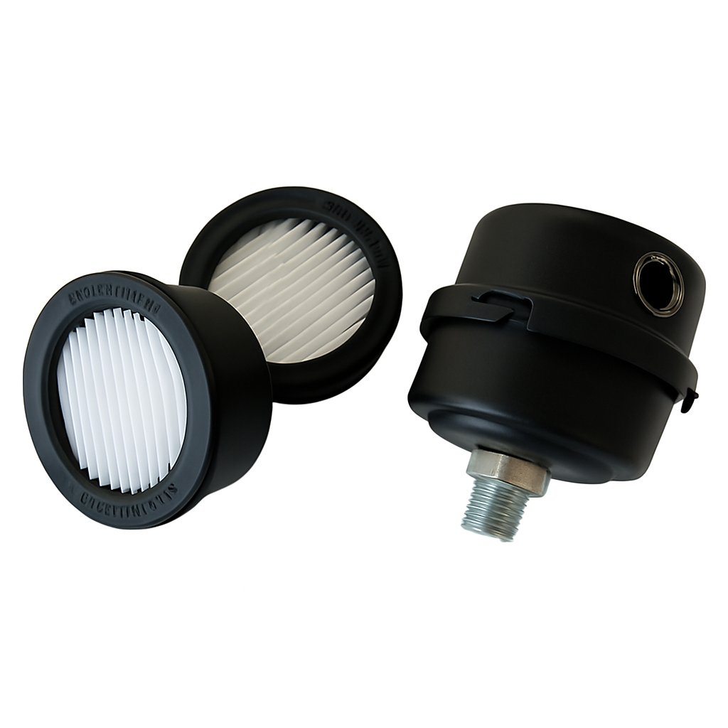 Pond aerator air filter with UV-resistant canister on pond compressor