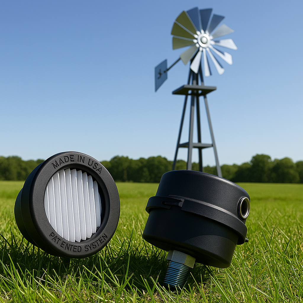 Pond aerator air filter with UV-resistant canister on pond compressor