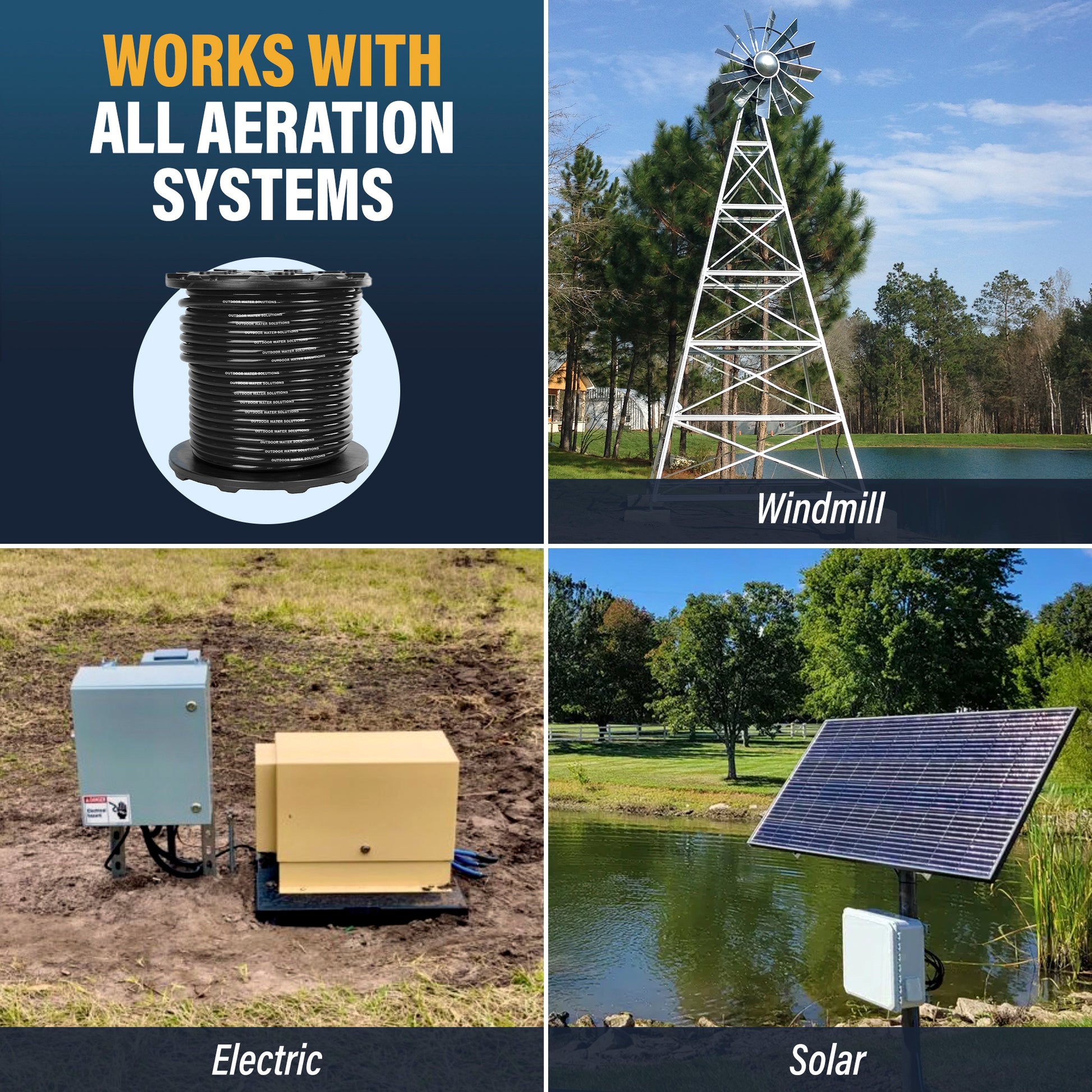 Pond aerator airline tubing with weighted, self-sinking design for efficient airflow to pond aeration diffusers.