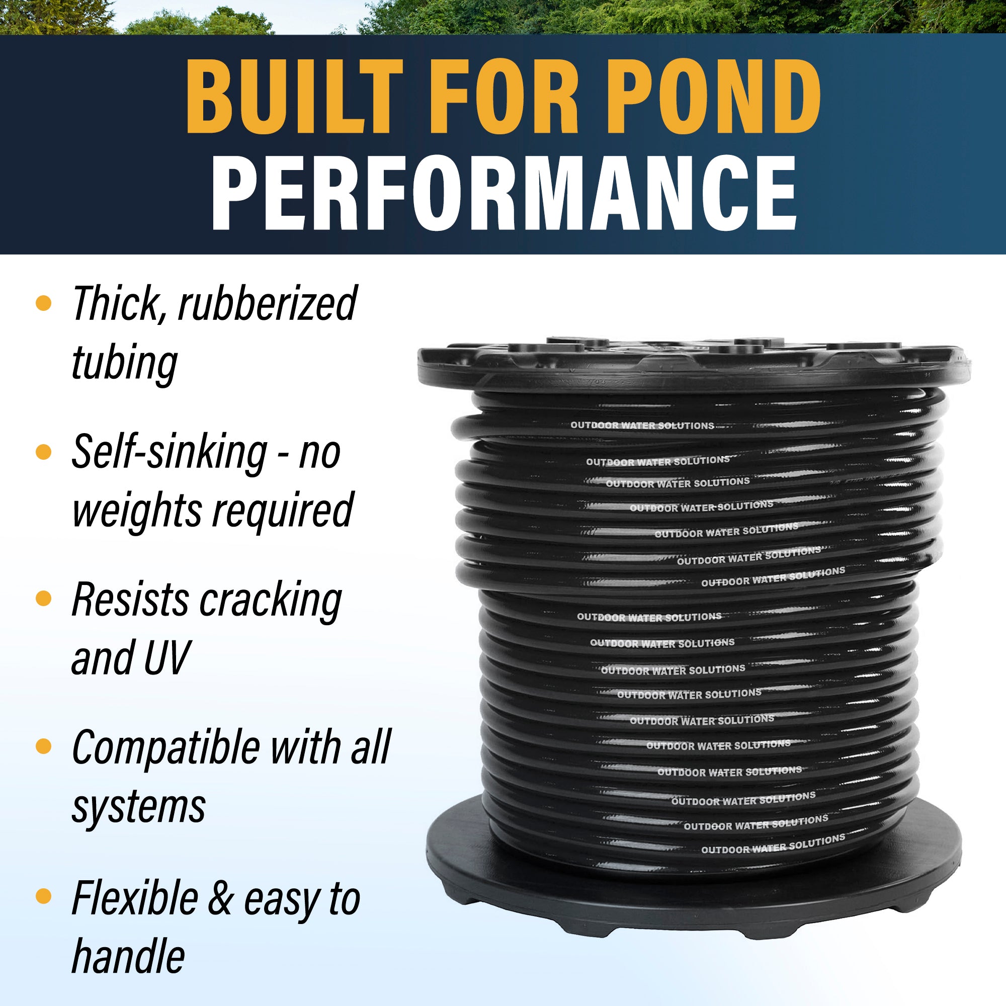 Pond aerator airline tubing with weighted, self-sinking design for efficient airflow to pond aeration diffusers.