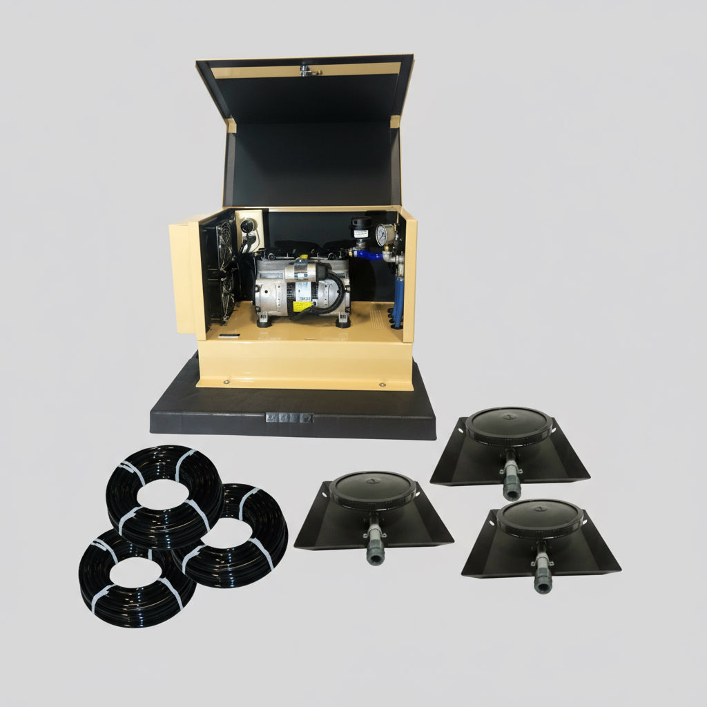 Pond Aerator Bubbler with AerMaster Pro 1/2HP compressor, aluminum cabinet, and weighted airline for deep pond aeration up to 2.5 acres