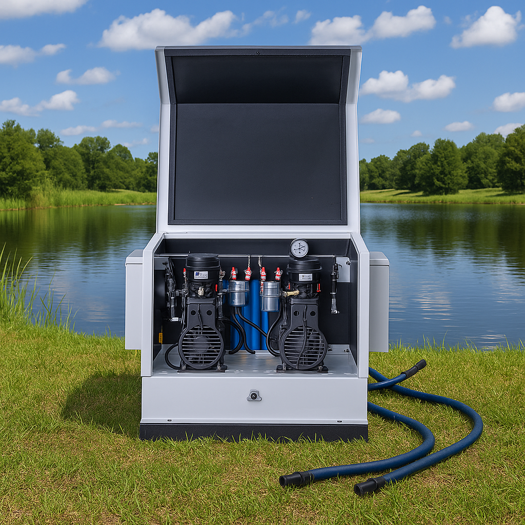 Pond Aerator Bubbler featuring the AerMaster Pro 1.5HP with oil-free compressor and Optimal Air self-cleaning diffusers for ponds up to 10 acres.