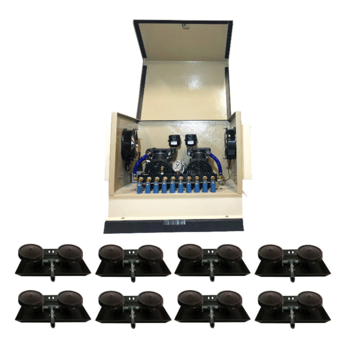 Pond Aerator Bubbler featuring the AerMaster Pro 1.5HP with oil-free compressor and Optimal Air self-cleaning diffusers for ponds up to 10 acres.