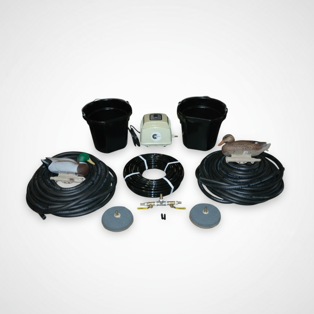 Electric pond aerator bubbler designed for shallow pond aeration in backyard ponds, farm dugouts, and retention basins.