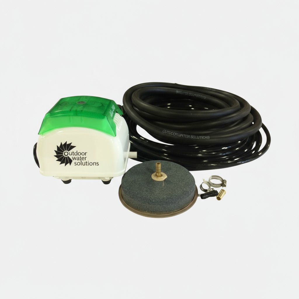 Electric pond aerator bubbler designed for shallow pond aeration in backyard ponds, farm dugouts, and retention basins.
