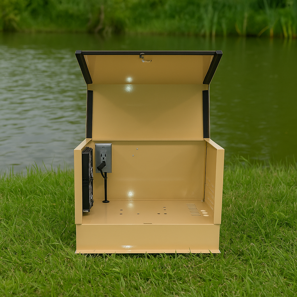 Pond Aerator Compressor Cabinet protecting an electric pond aeration system in a ventilated, lockable aluminum enclosure for outdoor installations.