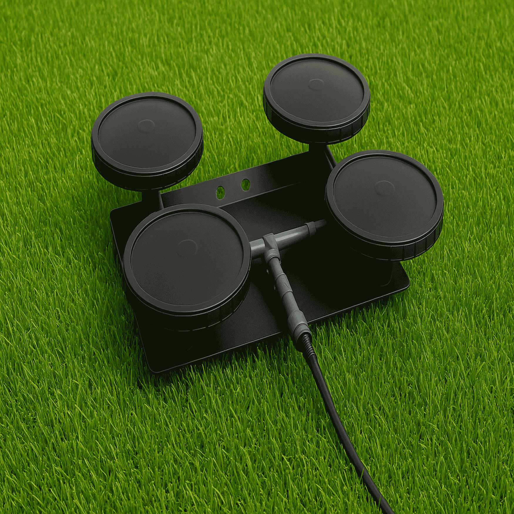 Pond aerator diffuser with quad rubber membrane discs and self-sinking metal base for efficient deep-water oxygenation.
