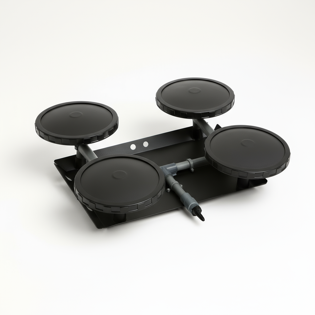 Pond aerator diffuser with quad rubber membrane discs and self-sinking metal base for efficient deep-water oxygenation.