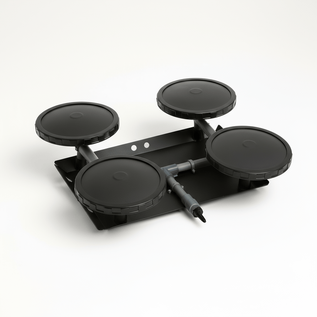 Pond aerator diffuser with quad rubber membrane discs and self-sinking metal base for efficient deep-water oxygenation.