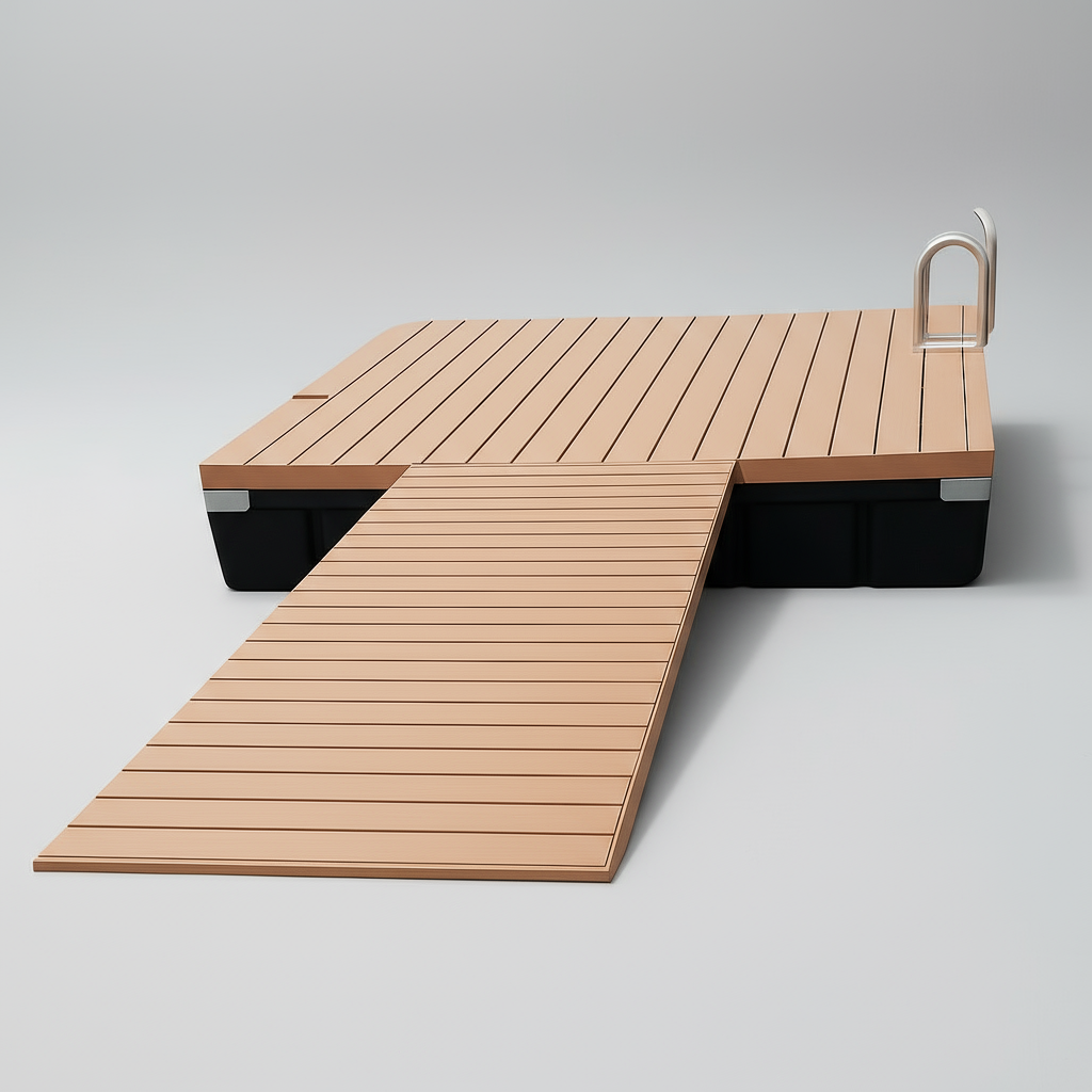Pond Dock Gangway Kit with floating foam-filled polyethylene floats, galvanized steel hardware, and pivoting connectors for stable DIY dock access.