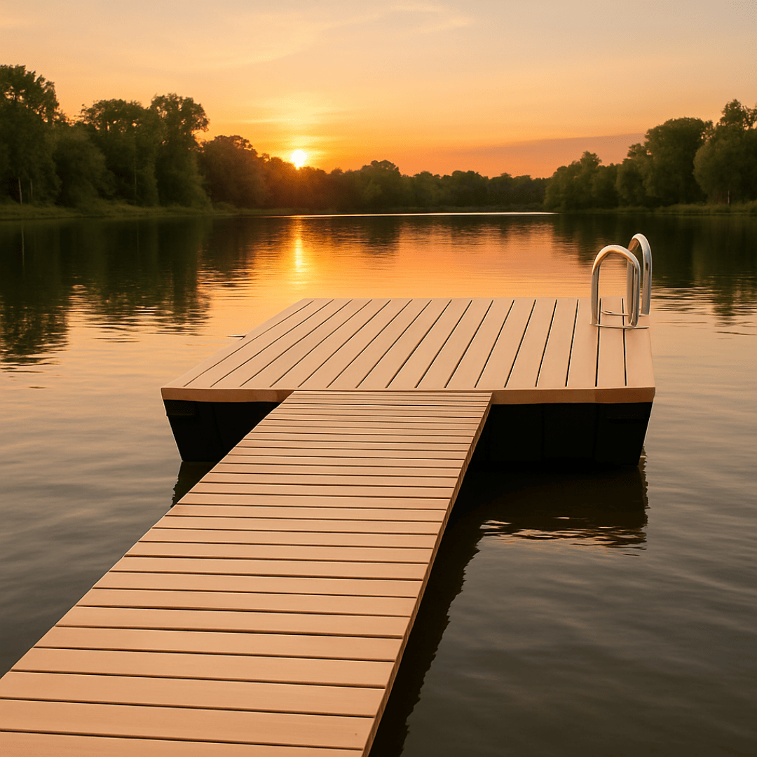 Pond Dock Gangway Kit with floating foam-filled polyethylene floats, galvanized steel hardware, and pivoting connectors for stable DIY dock access.