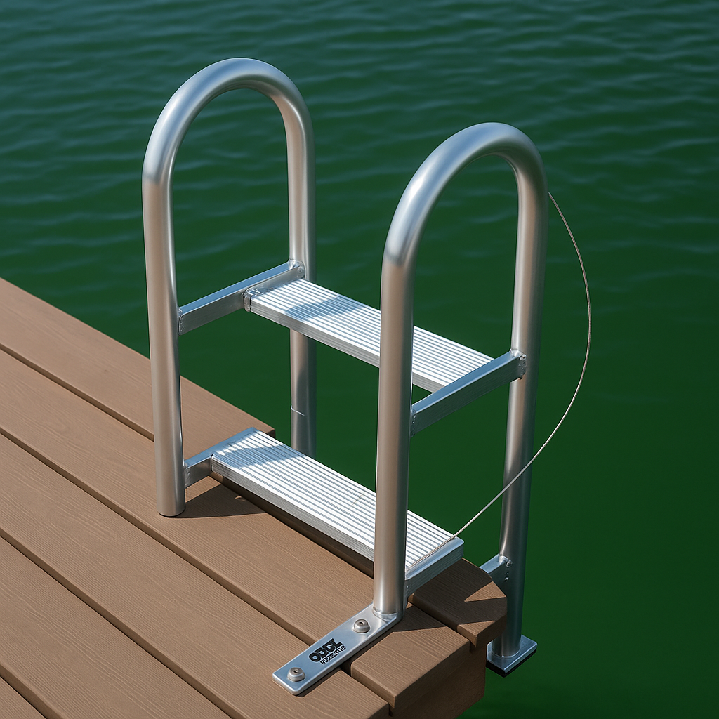Pond dock ladder with retractable aluminum design and wide slip-resistant steps.”