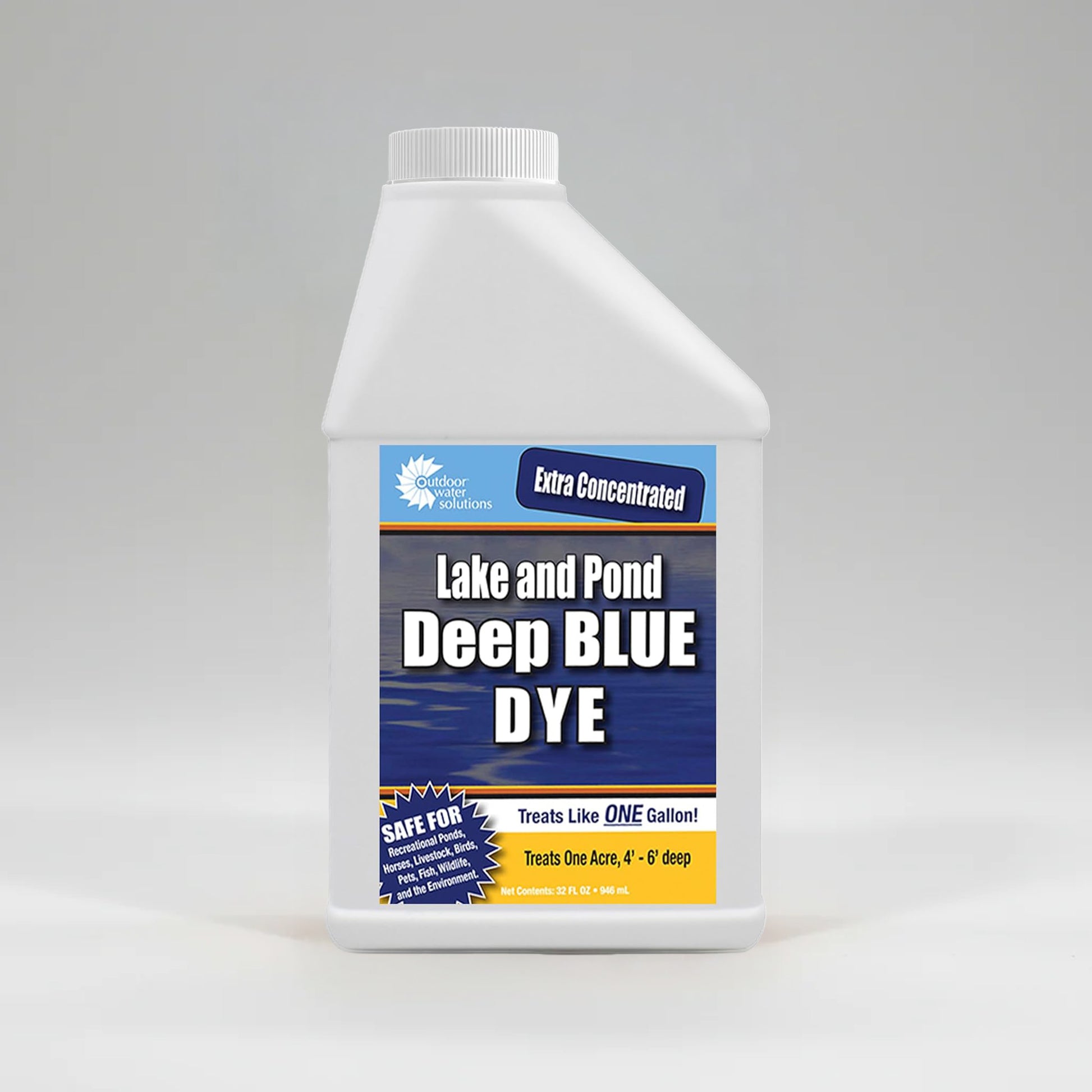 Outdoor Water Solutions extra-concentrated lake and pond deep blue dye 32-oz bottle for enhancing water color and clarity.