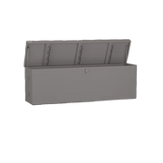 Premium aluminum dock & deck box by American Feeder with rustproof powder coat, no-seam lid, and integrated rod holders for dock and deck storage.