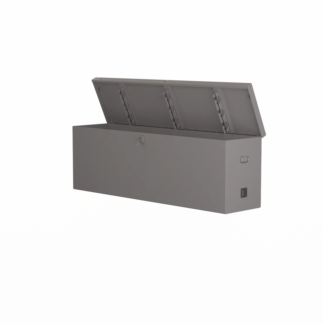 Premium aluminum dock & deck box by American Feeder with rustproof powder coat, no-seam lid, and integrated rod holders for dock and deck storage.